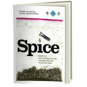 Cover of a spice drug information booklet. The word spice printed above an image of a pile spice