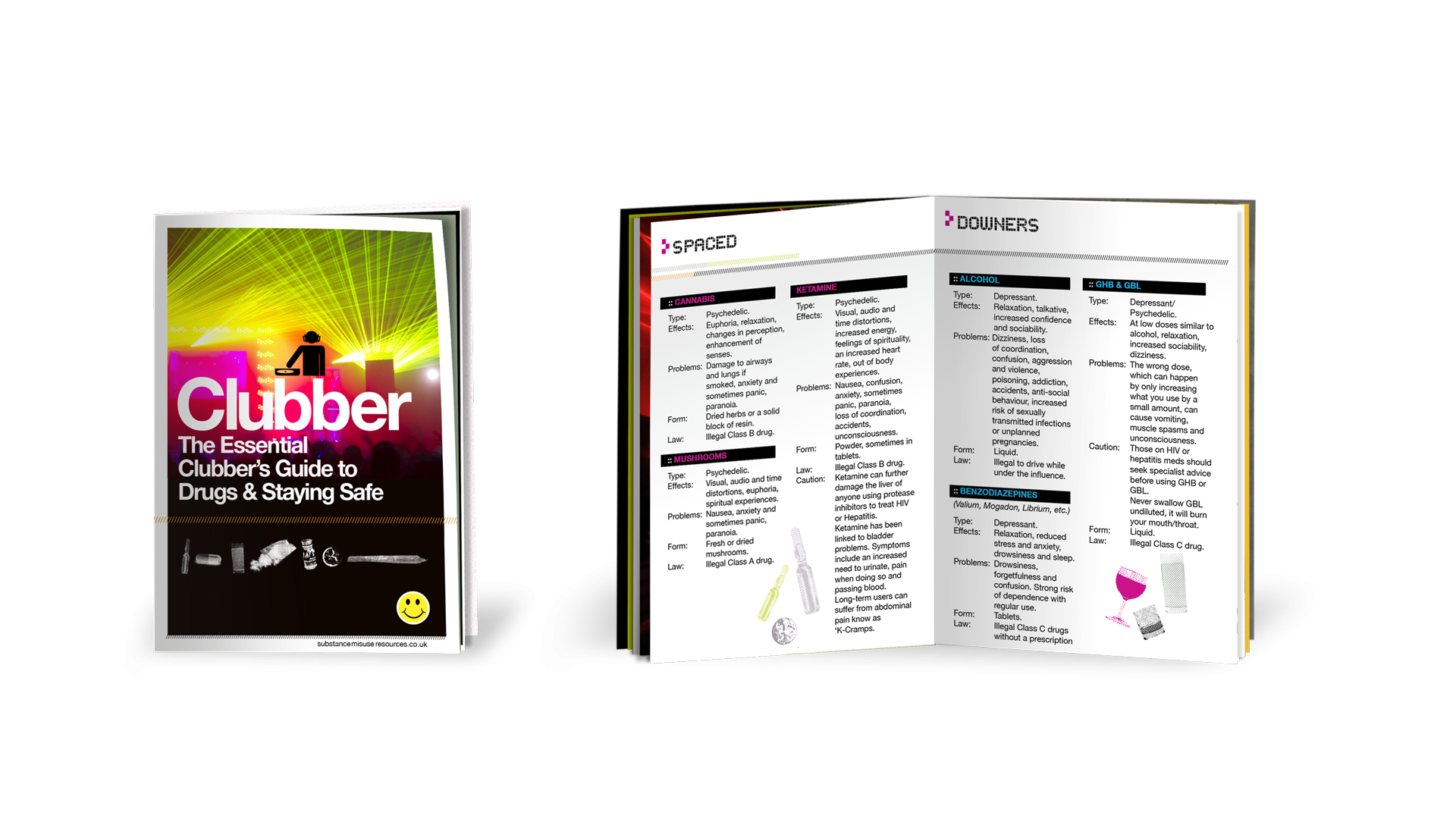 cover and inside pages of clubbing and drug harm-reduction booklet showing a strobe light and DJ playing records on the cover. On the inside pages, it shows a list of downer drugs and drugs that space you out.