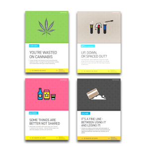 Four posters showing designs for a A3 cannabis poster, cocaine poster, alcohol poster, and NPS poster