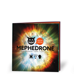 Cover of a Mephedrone drug advice booklet featuring hot sun behind an icon of a cats head with a speed bubble saying meow! Meow!