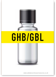 Bottle of GHB with the words GHB on top, printed on a drug information card